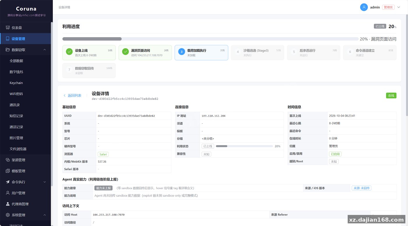 无感iOS浏览器漏洞获取面板(Coruna 全链,iOS 13–18.7)完整源码 + 搭建教程_网站源码_源码分享站